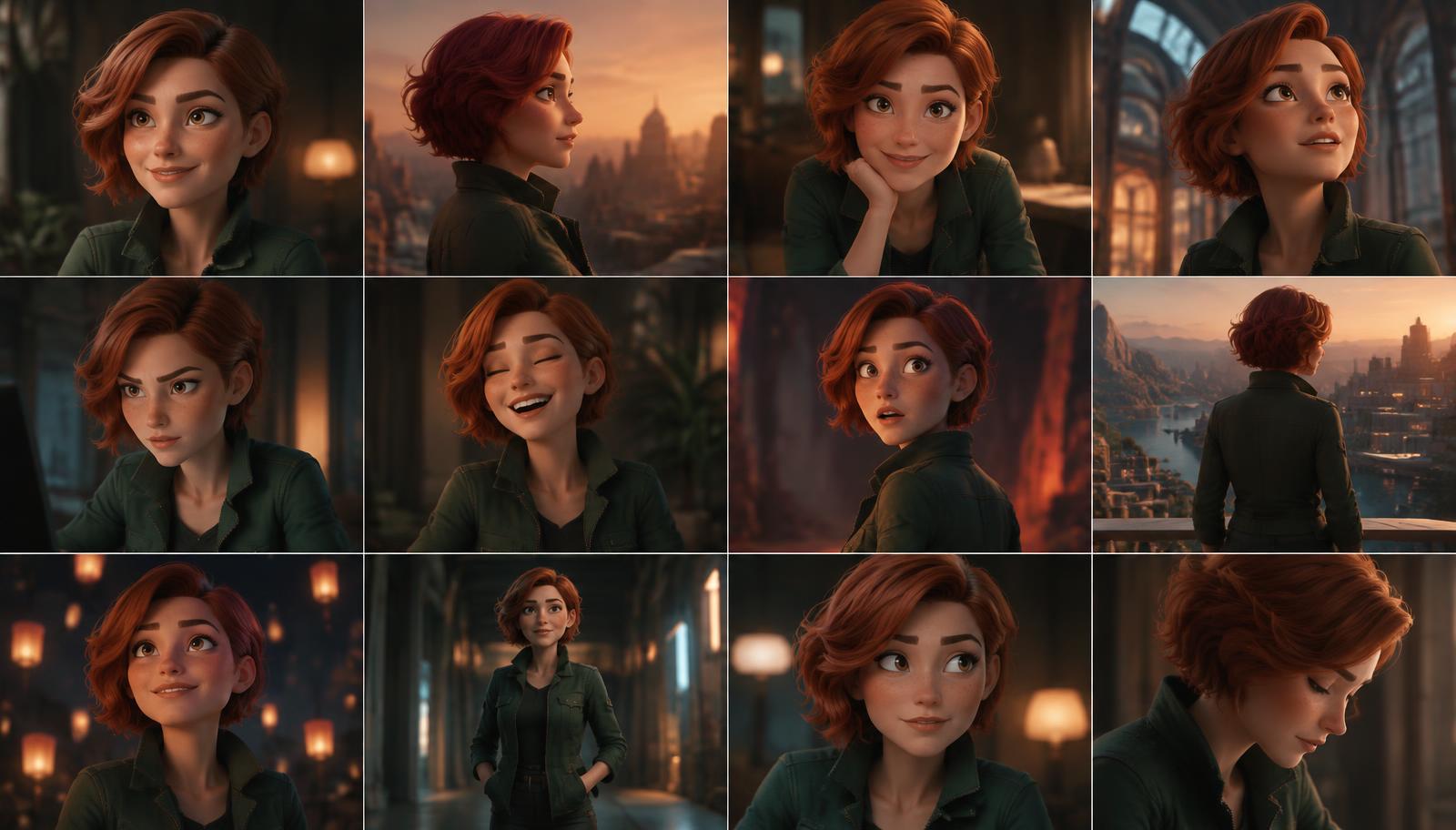 Griglia di continuità della stessa protagonista animata in dodici inquadrature.