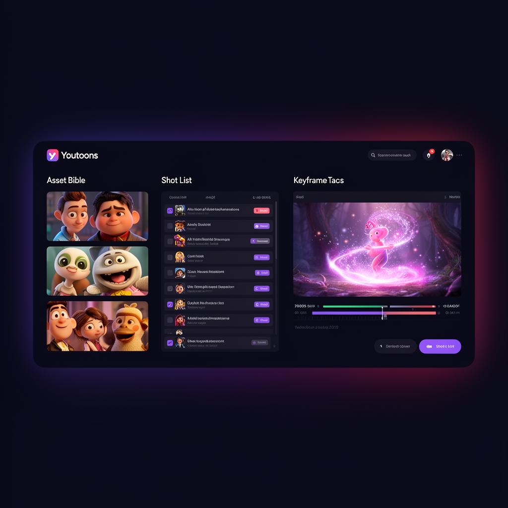 Anteprima dell'interfaccia di Seequl con Asset Bible, shot list e keyframe
